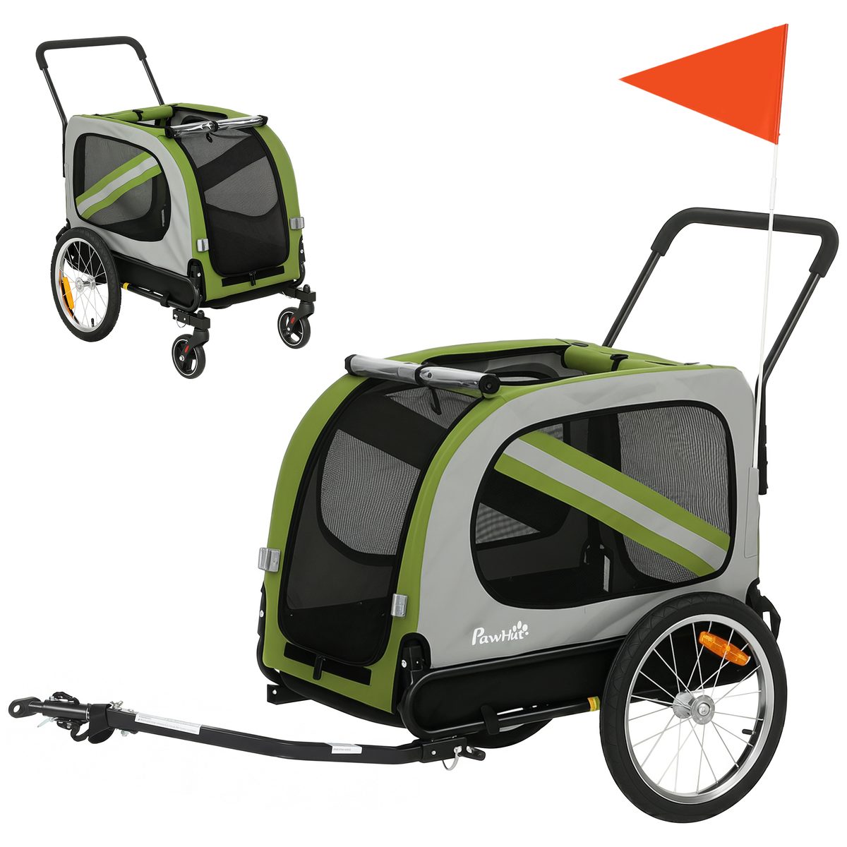  Dog Bike Trailer, 2-in-1 Dog Wagon Pet Stroller for Travel with Universal Wheel Reflectors Flag, Green
