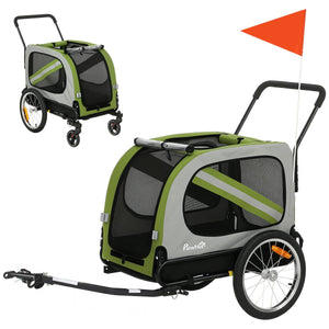  Dog Bike Trailer, 2-in-1 Dog Wagon Pet Stroller for Travel with Universal Wheel Reflectors Flag, Green