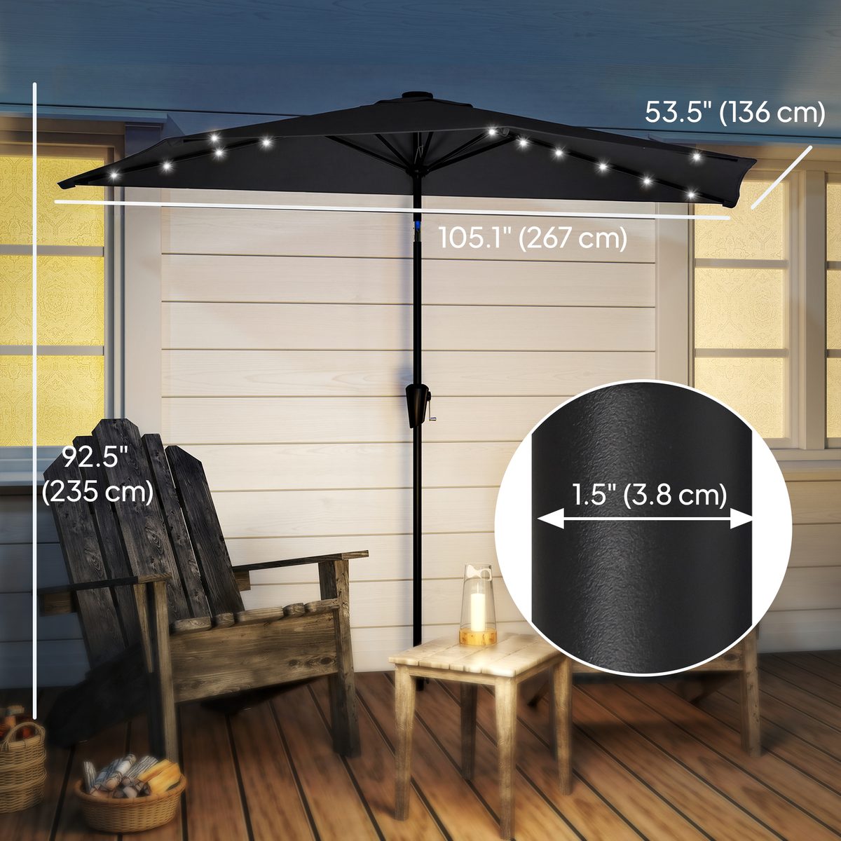  Half Outdoor Patio Umbrella with Solar LED Lights Half Umbrella with Crank 105.1" x 53.5" Black