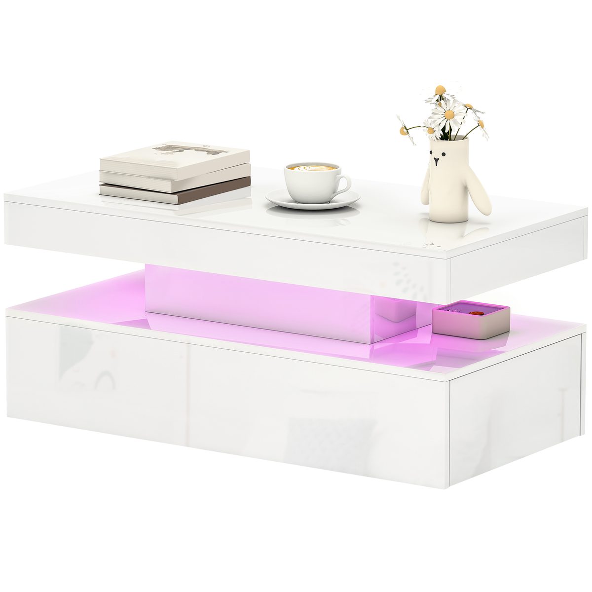  LED Coffee Table, Living Room Table with 2 Drawers and Open Shelf, High Gloss White