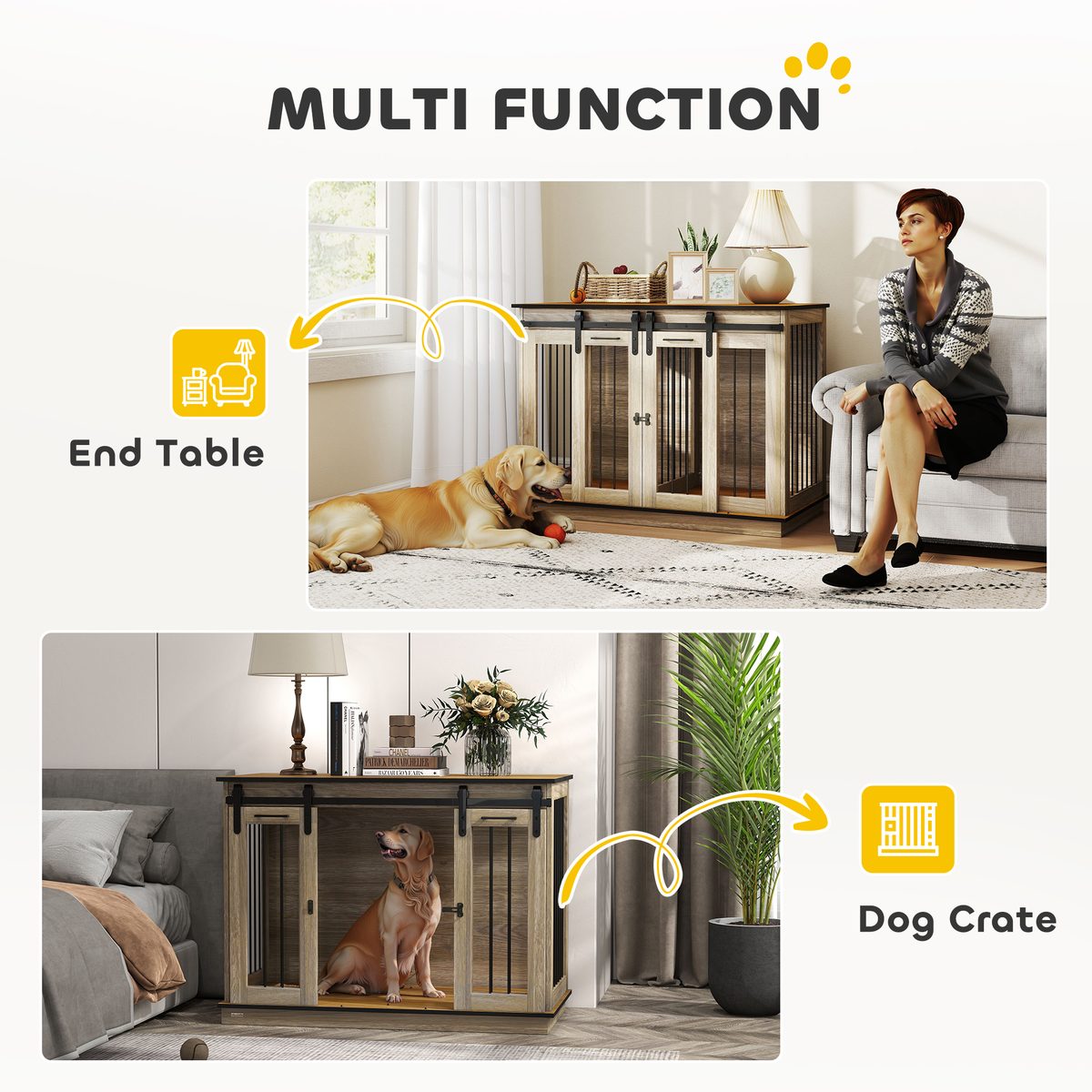  47in Dog Crate Furniture with Divider Panel, Wooden Dog Kennel TV Stand for Large Dogs, Pet House Side Table for 2 Small Dogs with Two Rooms Design, 2 Sliding Doors, Oak