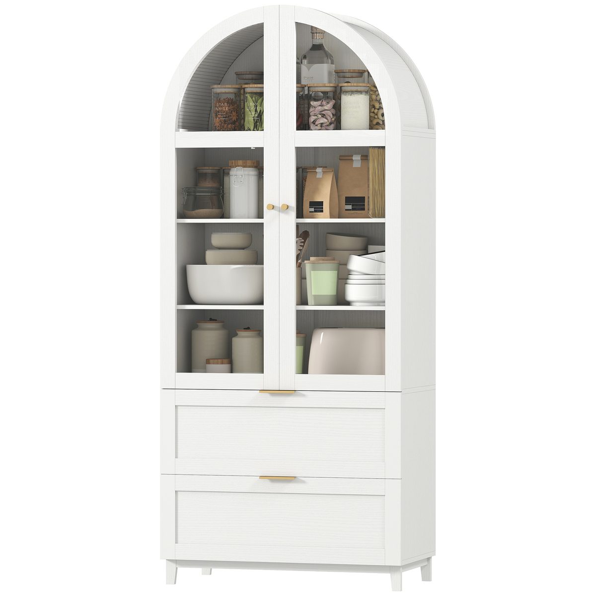 Arched Kitchen Pantry Cabinet, 71" Tall Farmhouse Kitchen Storage Cabinet with 2 Drawers, Acrylic Glass Doors, White