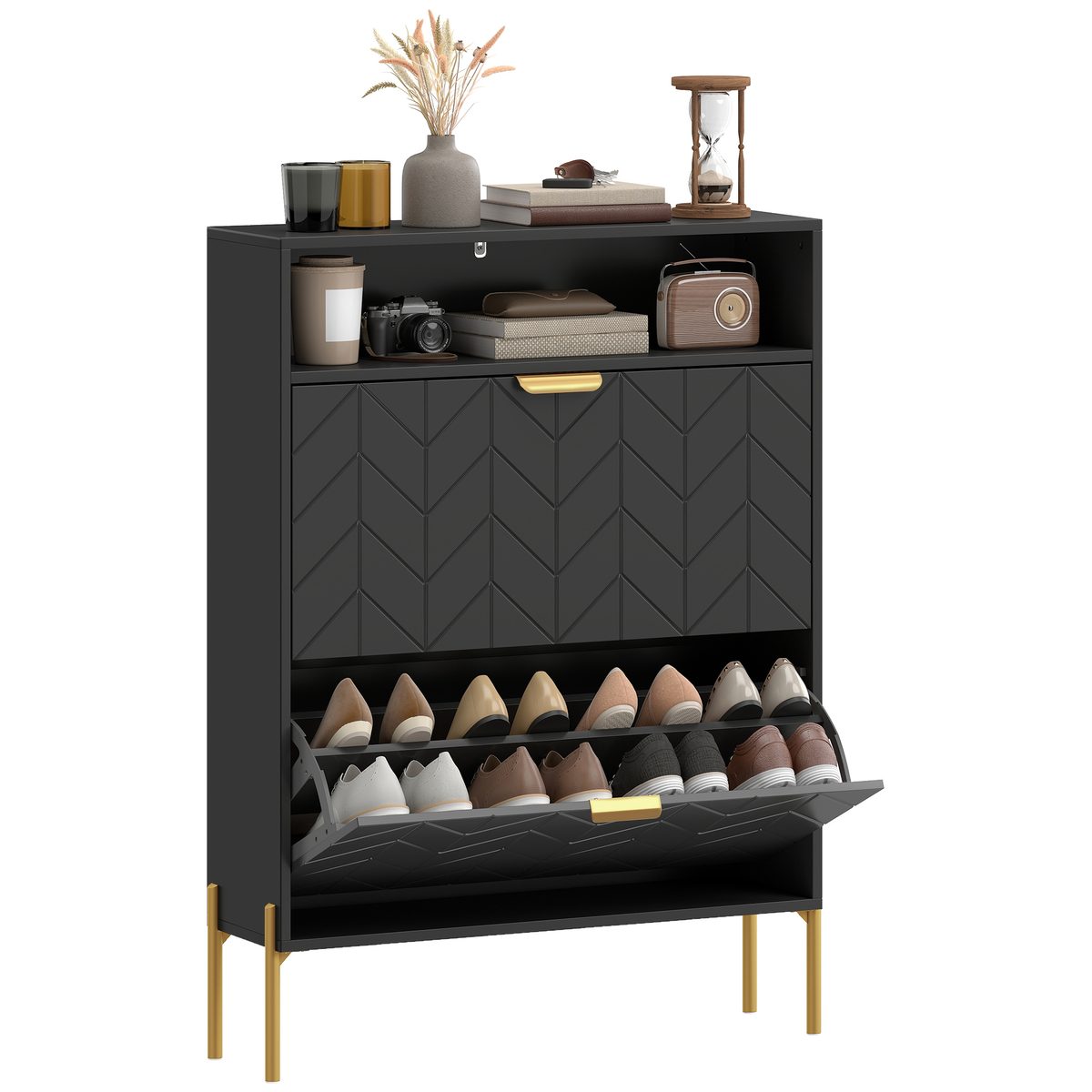  Shoe Cabinet with 2 Flip Drawers, Modern Narrow Shoe Storage Cabinet with Open Compartment, Adjustable Shelves, Black