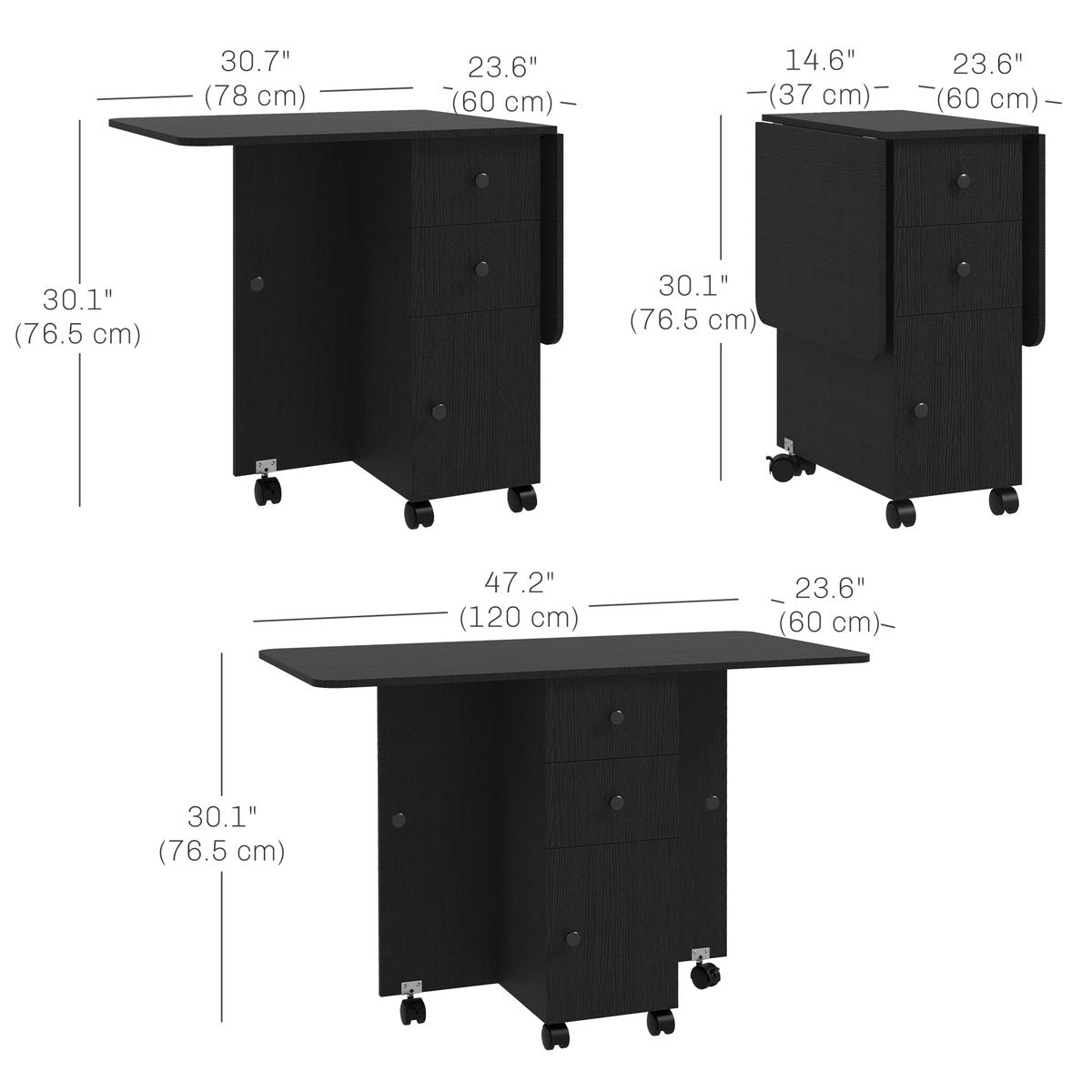 Drop Leaf Dining Table, Mobile Folding Table on Wheels with Drawers and Cabinet for Dining Room, Kitchen – view 3