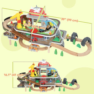 Qaba 79Pcs Wooden Train Set Mine Themed with Crane, Helicopter, Track & Accessories, for Boys & Girls 3+ Years Old