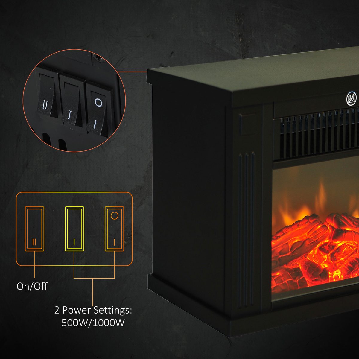  14" 1000W Mini Standing Electric Fireplace Portable Heater with Overheating, Black