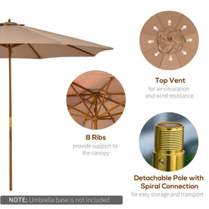  10' x 8' Wooden Patio Umbrella, Garden Parasol, Outdoor Sunshade Canopy with Bamboo Rib for Outdoor, Khaki