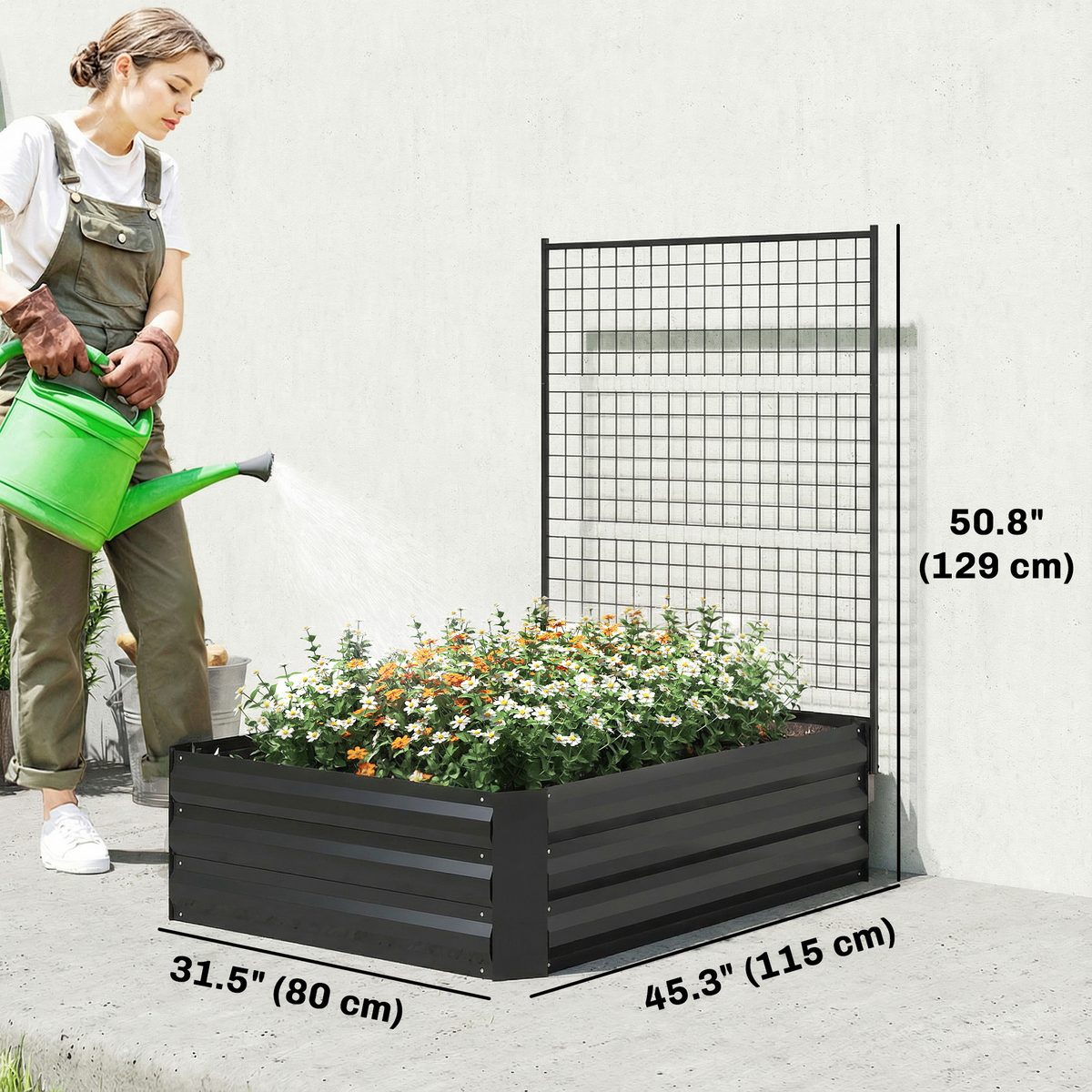 Galvanized Raised Garden Bed with Trellis for Climbing Plants, Outdoor Planter Box with Open Bottom, Black