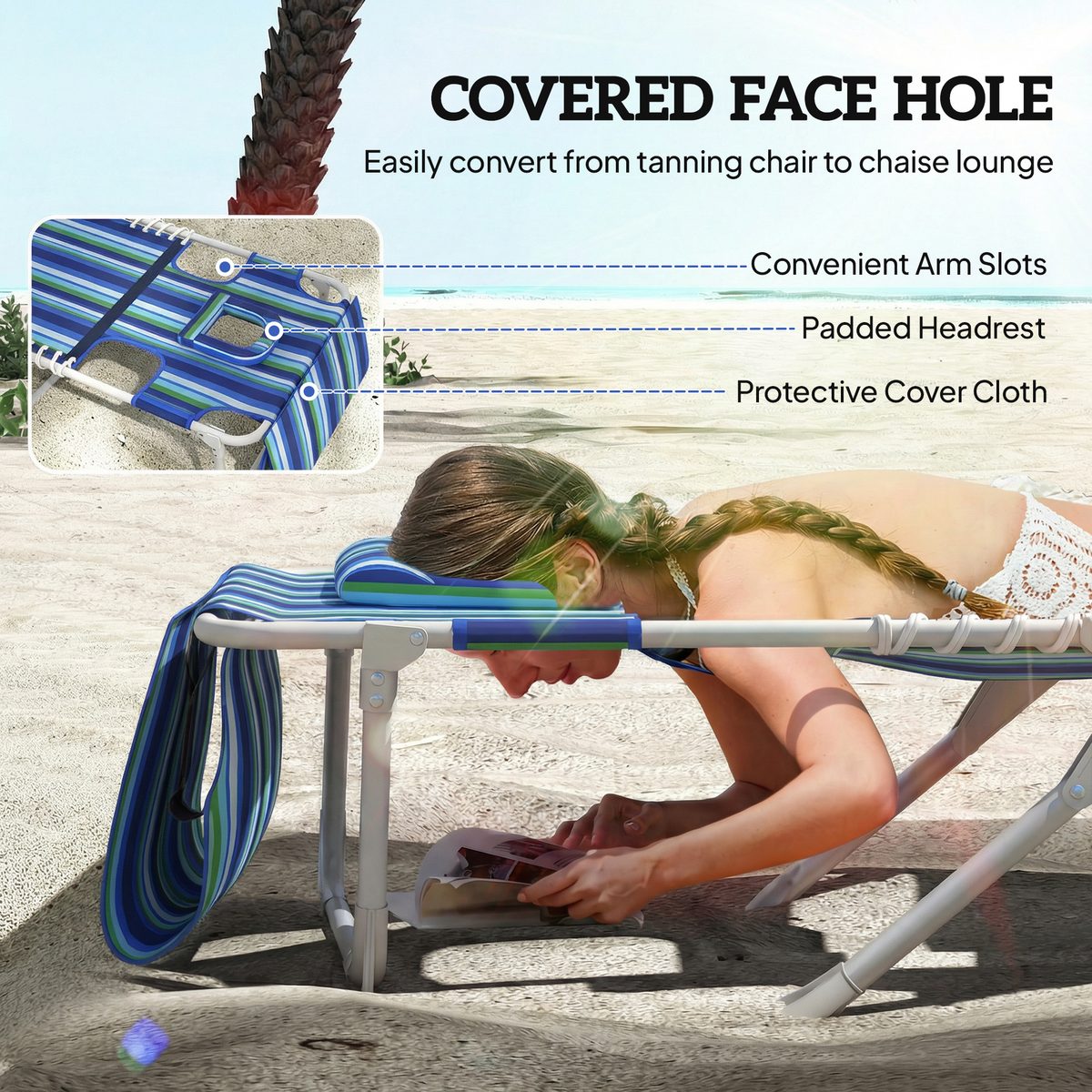  Tanning Chair with Face Hole and Side Table, Folding Outdoor Lounge Chair with Carry Straps, Side Pocket, Blue Stripe