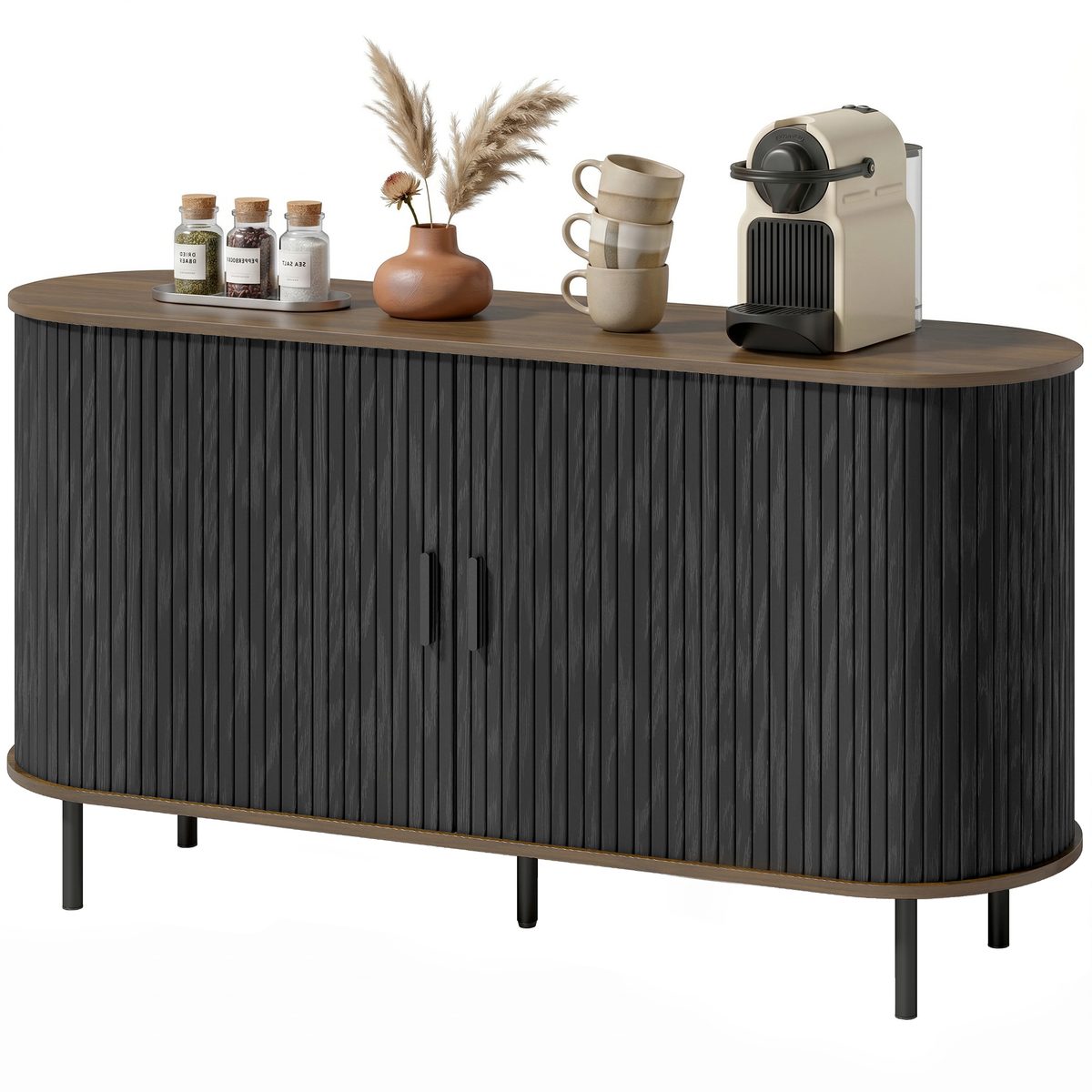  Fluted Sideboard Buffet Cabinet, 55" Mid Century Coffee Bar Cabinet with Sliding Doors and Adjustable Shelves, Black