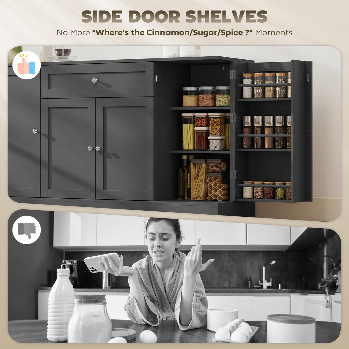  55" Modern Kitchen Storage Cabinet with Drawer, Adjustable Shelves, Small Kitchen Pantry with Door Racks, Black