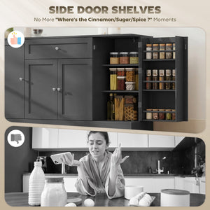  55" Modern Kitchen Storage Cabinet with Drawer, Adjustable Shelves, Small Kitchen Pantry with Door Racks, Black