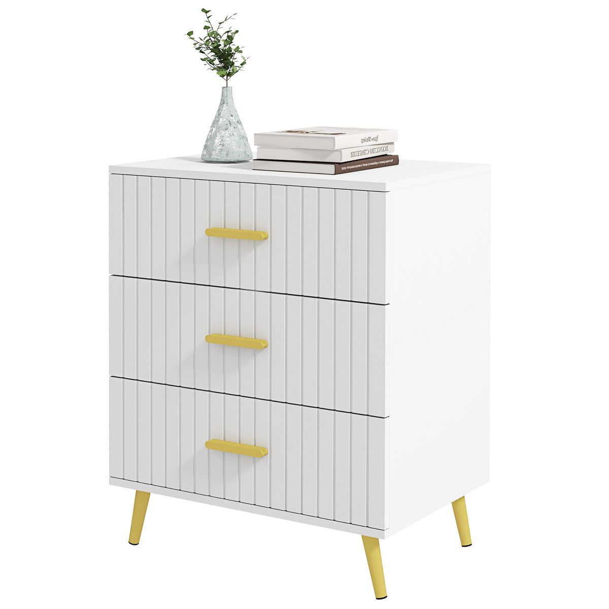  3 Drawer Cabinet, Drawer Chest for Bedroom, Chest of Drawers with Aluminium Legs and Gold Handles, White