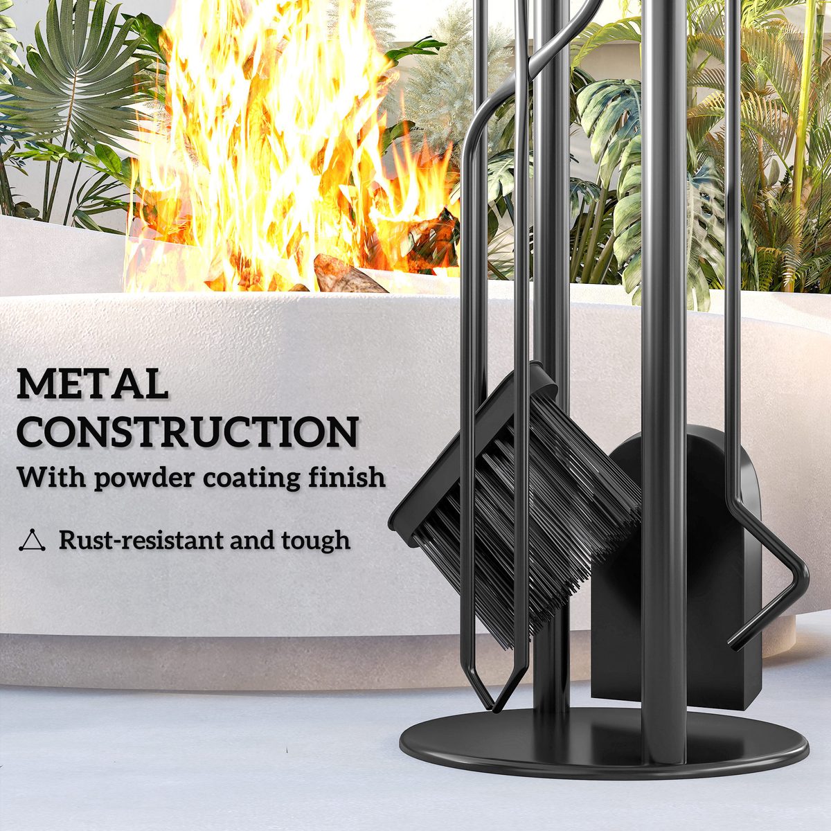  Fireplace Tools Set, 5 Pieces Fireside Accessories with Brush, Shovel, Poker, A Pair of Tongs, Stand, Black
