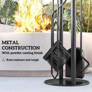  Fireplace Tools Set, 5 Pieces Fireside Accessories with Brush, Shovel, Poker, A Pair of Tongs, Stand, Black