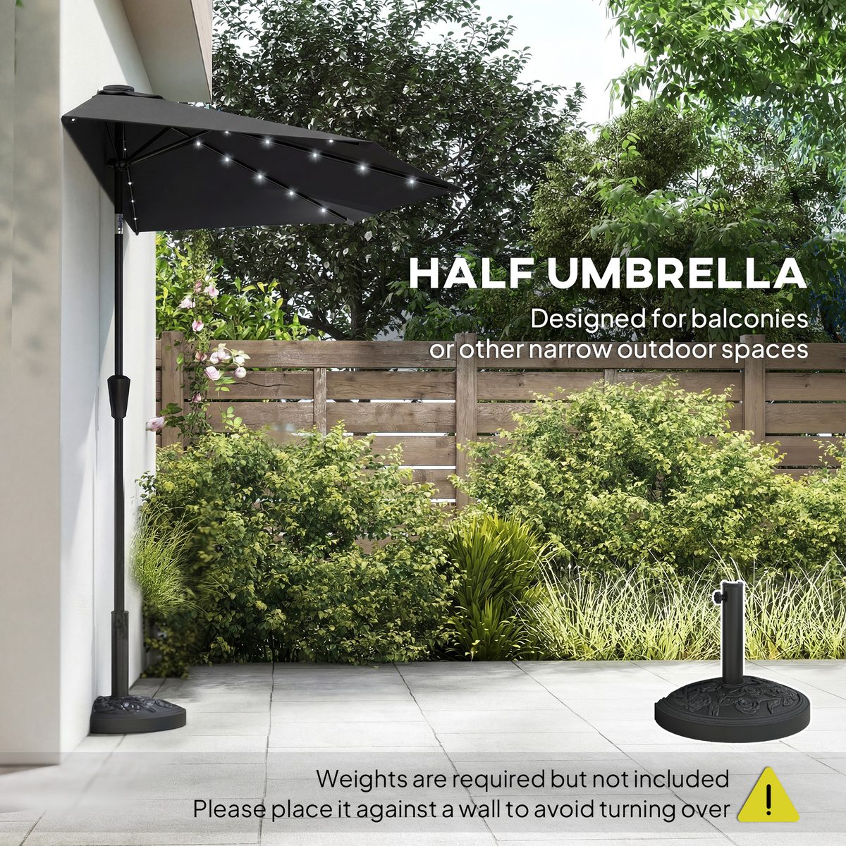  Half Outdoor Patio Umbrella with Solar LED Lights Half Umbrella with Crank 105.1" x 53.5" Black