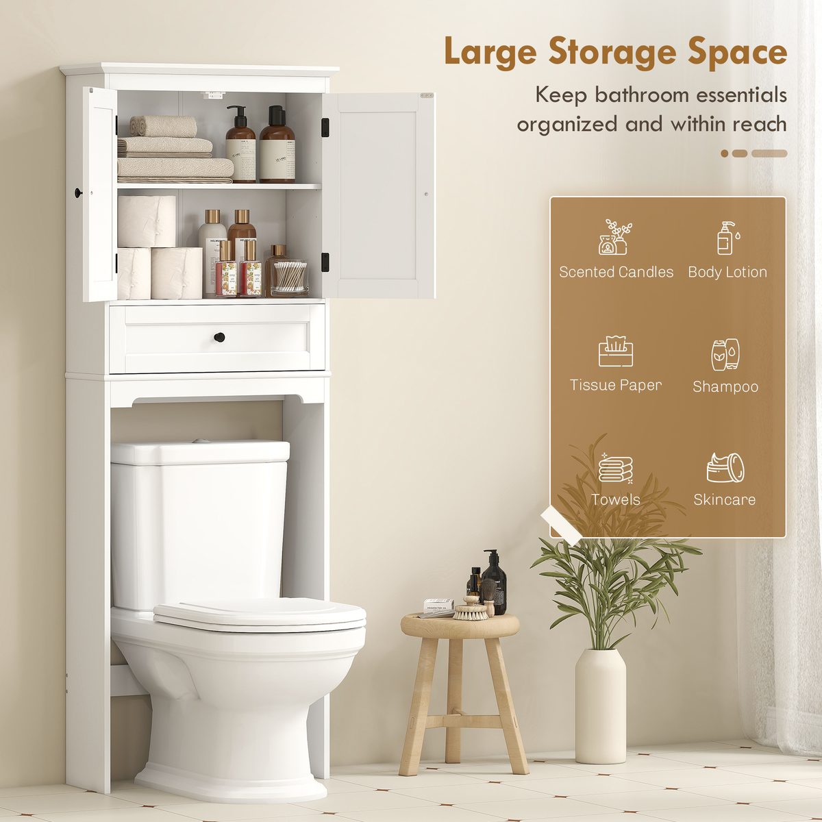  Over The Toilet Storage, Modern Bathroom Cabinet Over Toilet with Drawer, Cabinet and Adjustable Shelf, White
