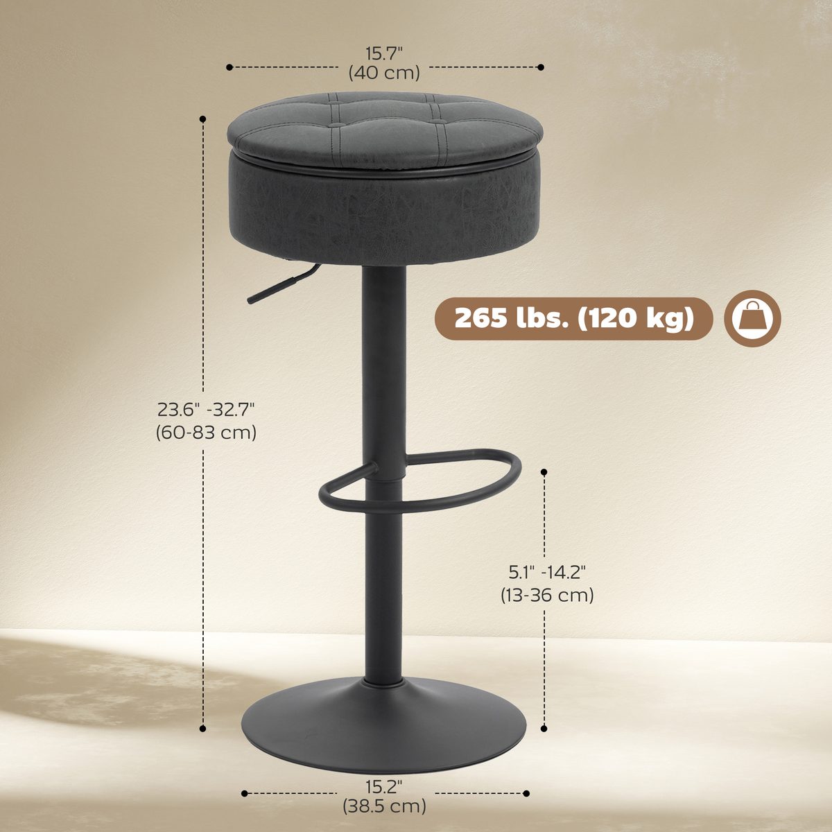  Set of 2 Barstools with Storage, Swivel Bar Stools with PU Leather Upholstered, Footrest, Steel Base, Black