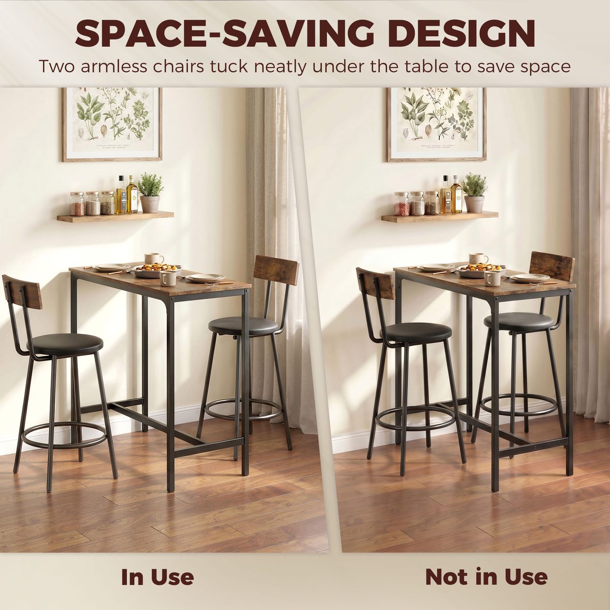  Bar Table Set Counter Height Barstools Set of 2 PU Cushioned Seats Rustic Brown