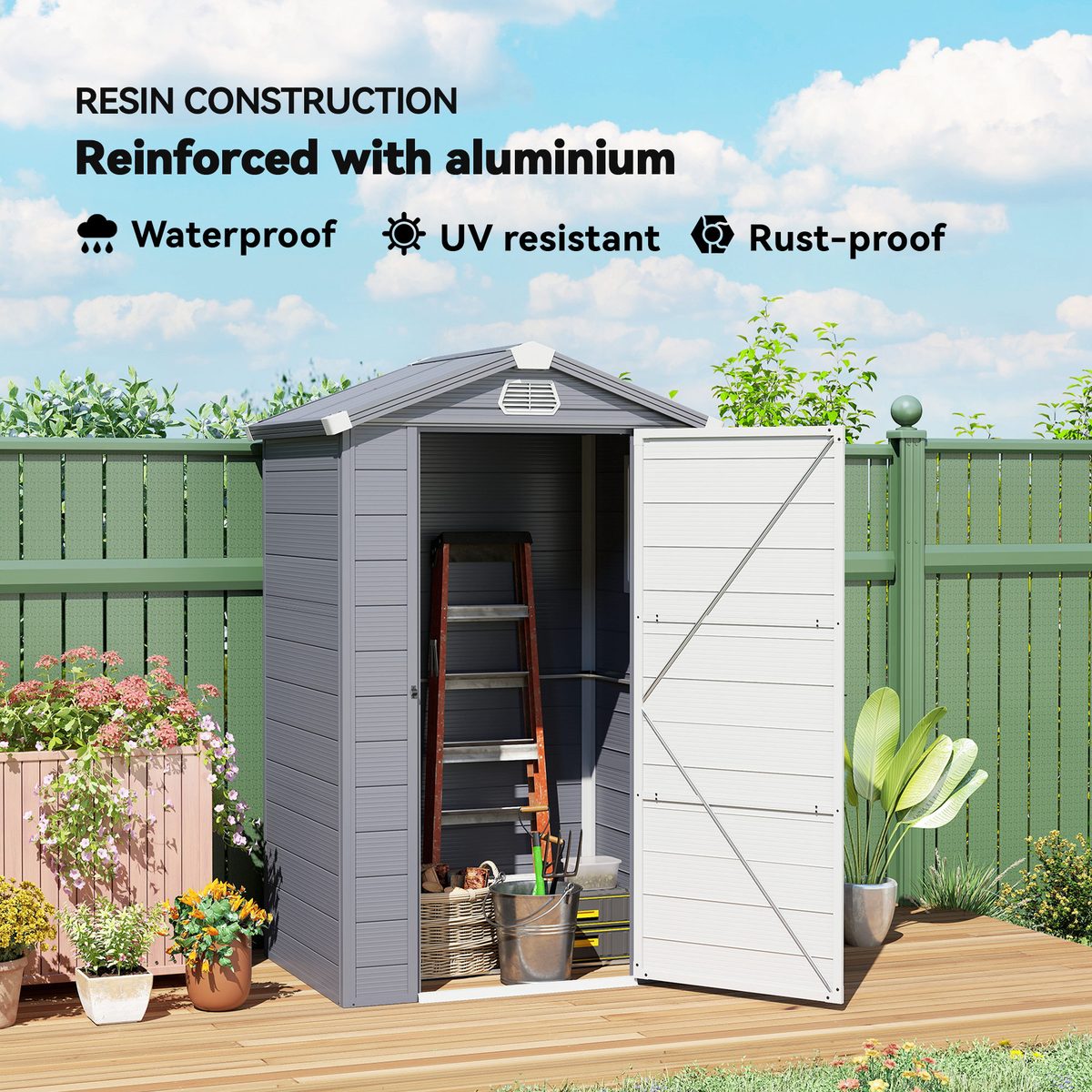  4.4' x 3.3' Plastic Garden Storage Shed with Latch Door, Vents, Sloped Roof, Grey