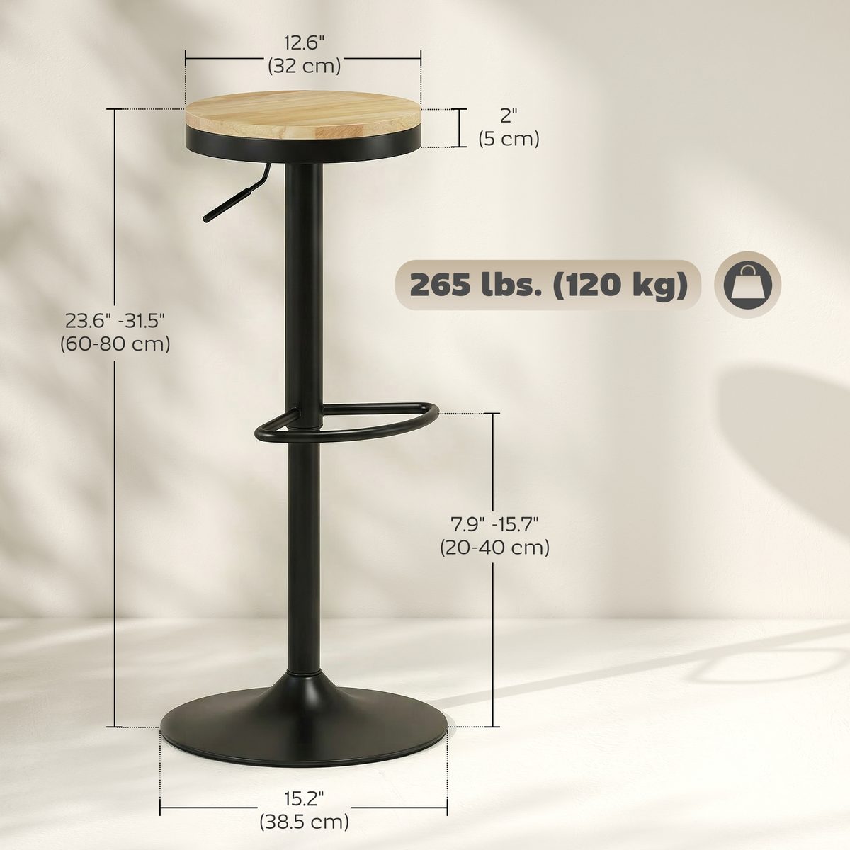  Wood Barstools Set of 2, Swivel Bar Stools with Adjustable Height for Kitchen Counter, Natural Wood and Black