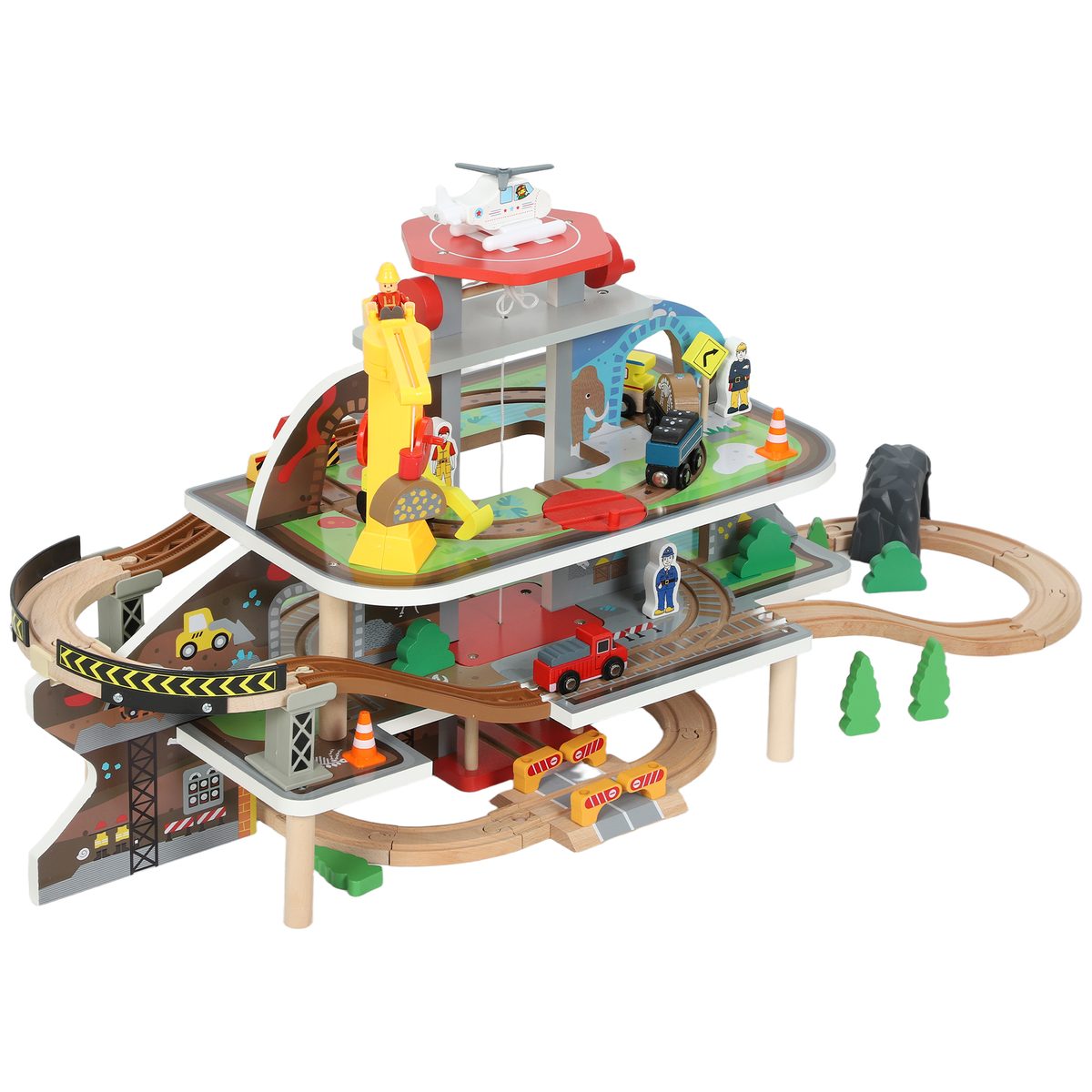 Qaba 79Pcs Wooden Train Set Mine Themed with Crane, Helicopter, Track & Accessories, for Boys & Girls 3+ Years Old