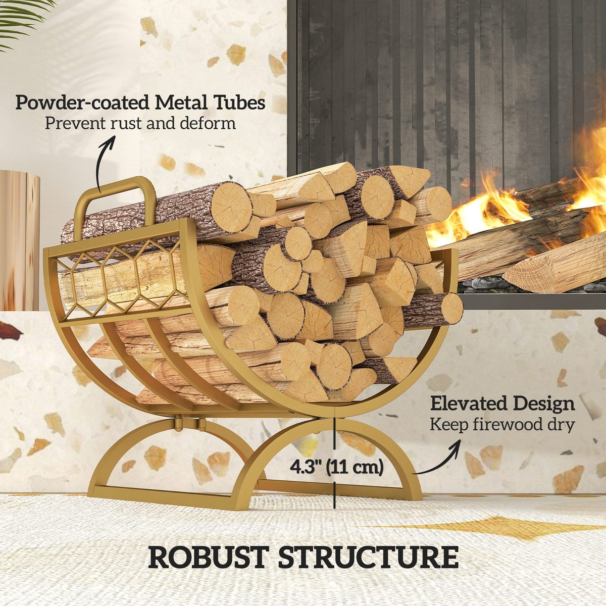  Firewood Rack Outdoor, Heavy Duty Log Holder with Handles for Indoor Outdoor Fireplace Storage 18" x 14" x 16", Gold