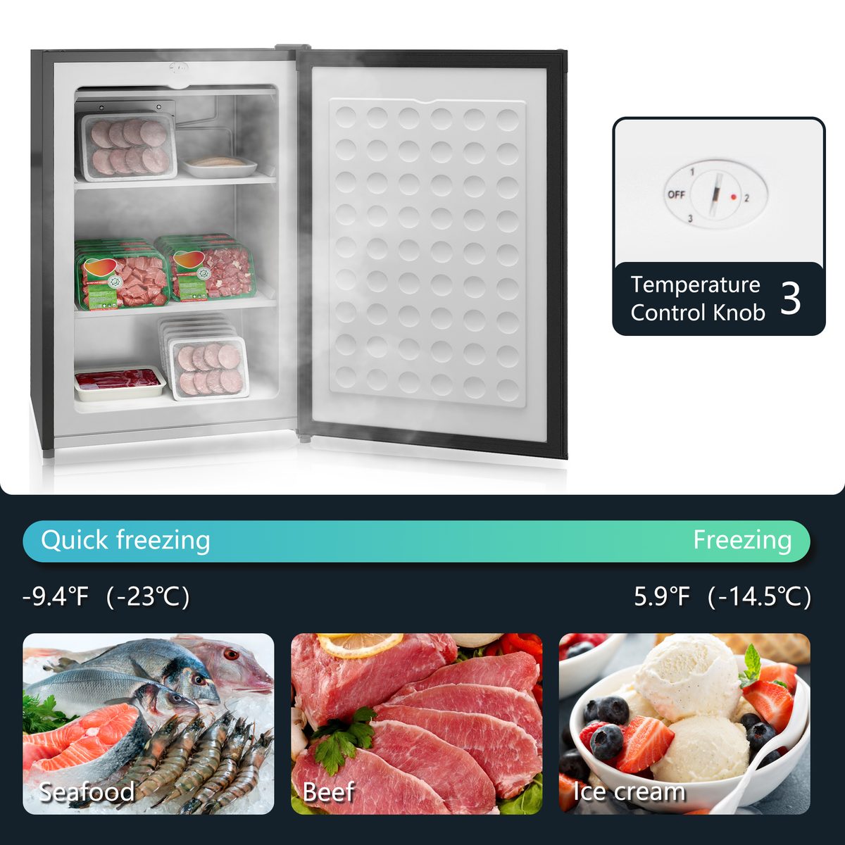  Upright Freezer, 3 Cu.Ft Mini Freezer with Reversible Single Door, Adjustable Thermostat for Home, Dorm, Black