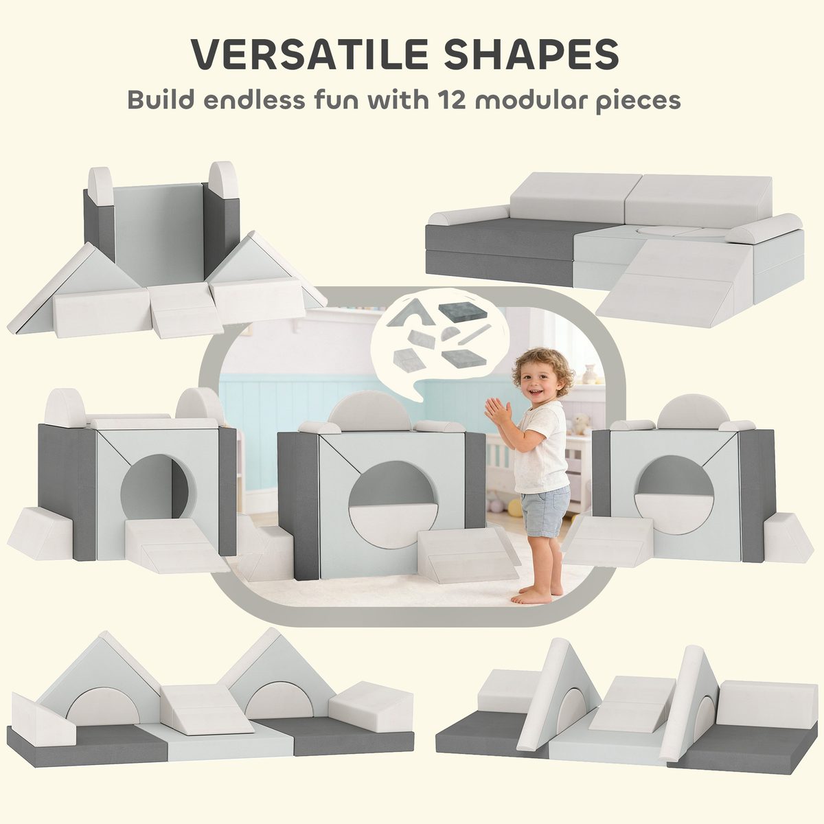 Qaba 12 PCS Modular Kids Play Couch, Child Sectional Sofa for Toddlers, Convertible Foam and Floor Cushion, Grey
