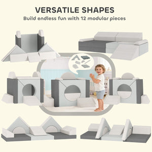 Qaba 12 PCS Modular Kids Play Couch, Child Sectional Sofa for Toddlers, Convertible Foam and Floor Cushion, Grey