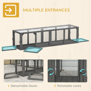  Outdoor Cat Tunnel, Wooden Play Cat Enclosure, Extendable Pet Run with 3 Doors, for Indoor and Outdoor Use, Grey