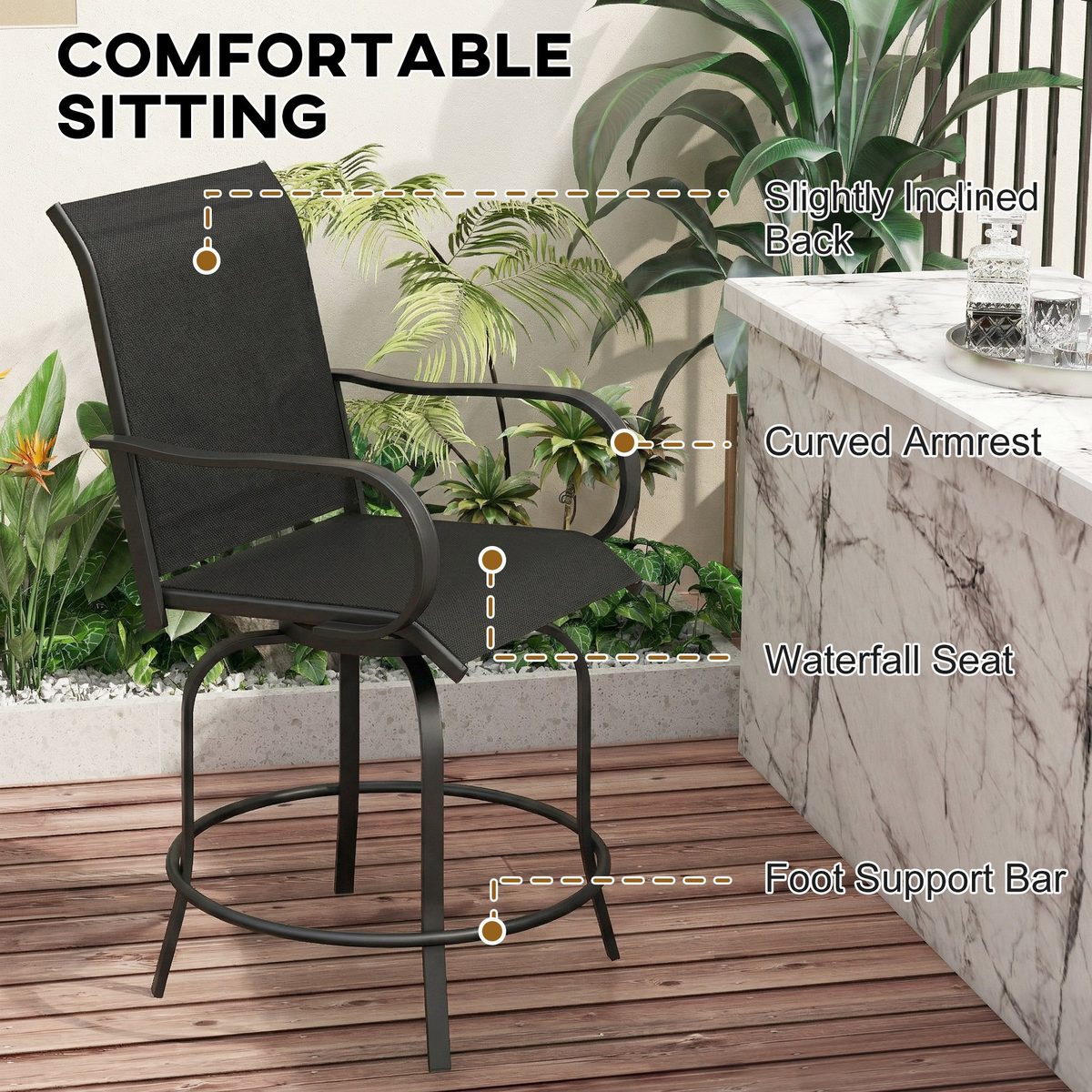  Outdoor Bar Stools Set of 2, 360° Swivel Bar Height Chairs, 26.8" x 29.5" x 48.4", Black