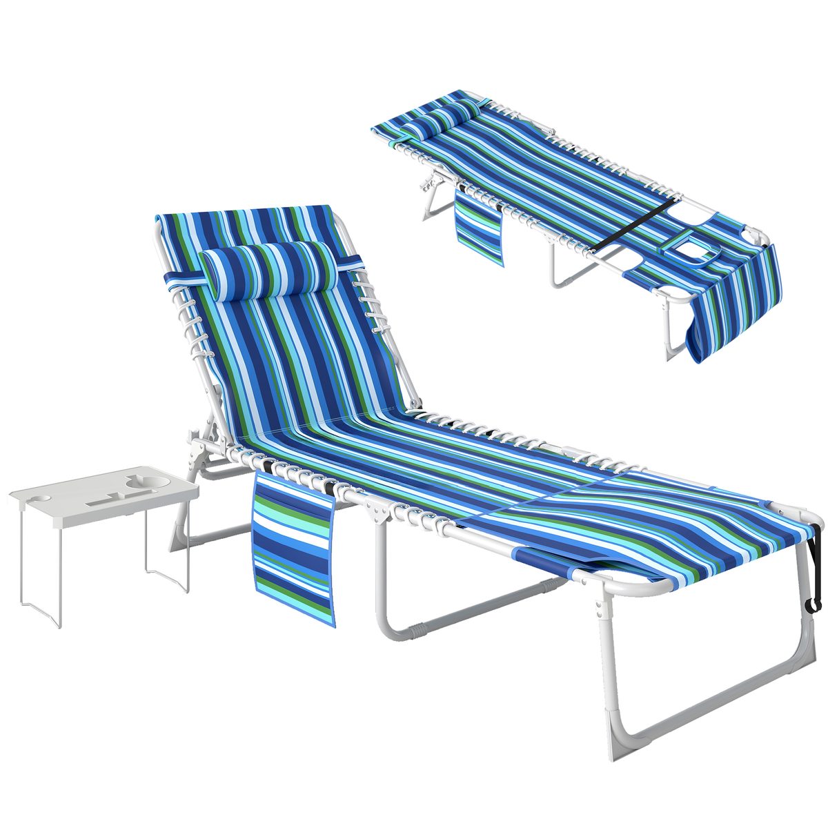  Tanning Chair with Face Hole and Side Table, Folding Outdoor Lounge Chair with Carry Straps, Side Pocket, Blue Stripe