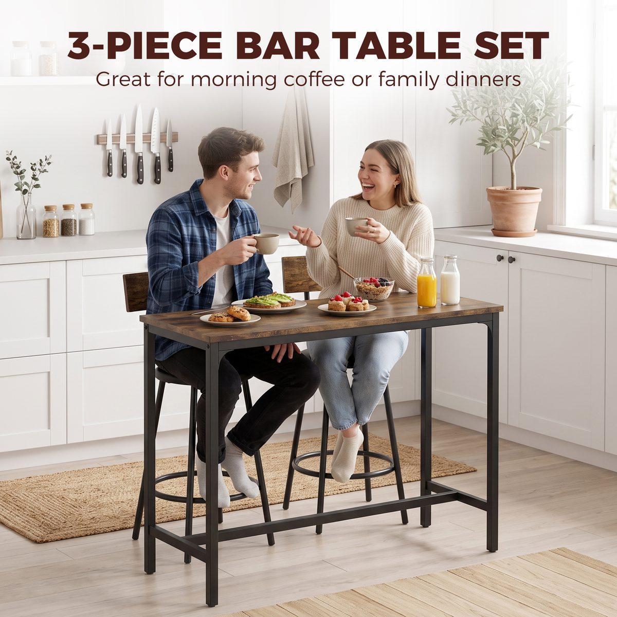  Bar Table Set Counter Height Barstools Set of 2 PU Cushioned Seats Rustic Brown