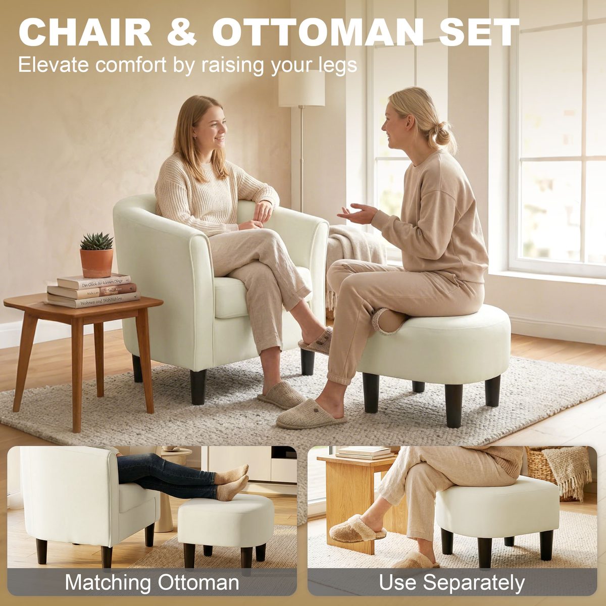  Accent Chair Modern Upholstered Living Room Chair with Ottoman and Pocket Spring Cushion Cream White