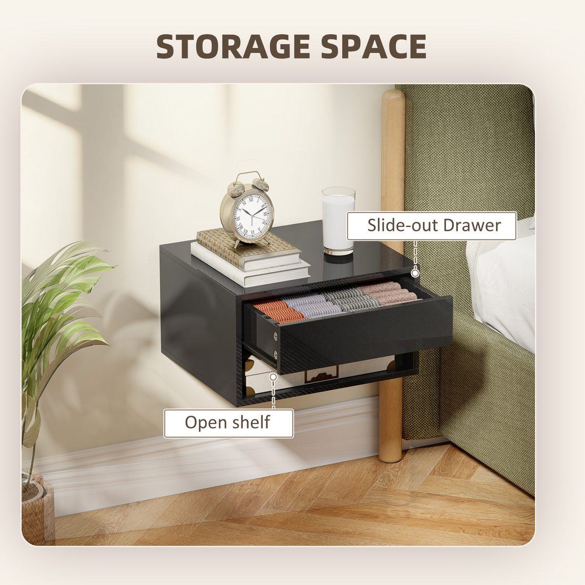  Floating Bedside Tables Set of 2, Wall-Mounted Nightstand, High Gloss Black