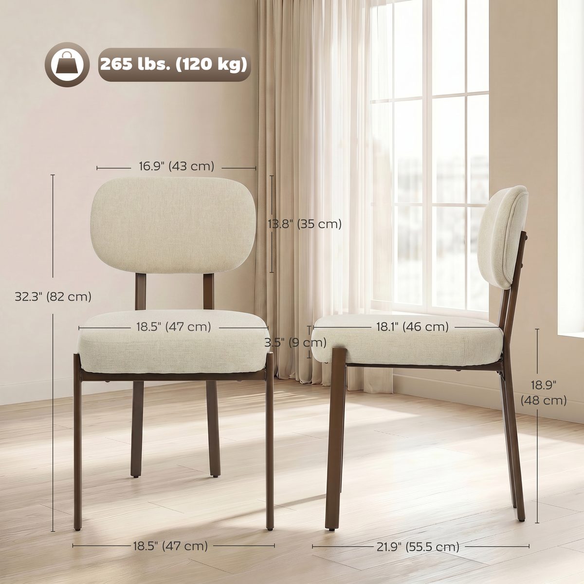  Upholstered Linen Fabric Kitchen Chairs, Modern Dining Chairs Set of 2 with Metal Legs, Beige