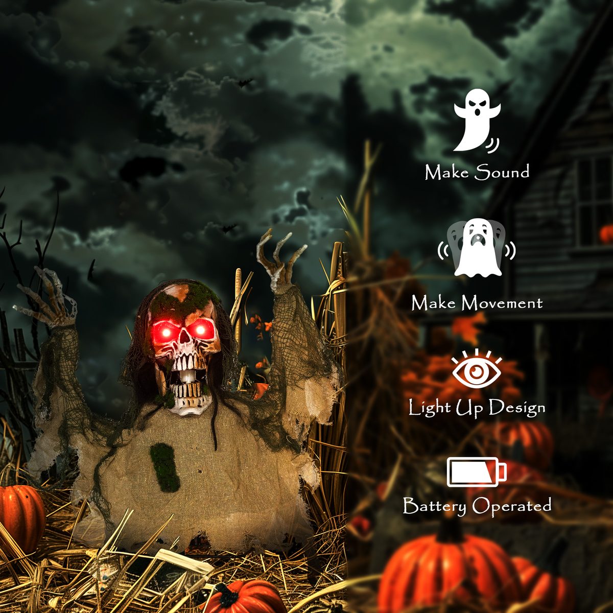 Halloween Animated Skeleton with Glowing LED Eyes, Animatronic Halloween Decorations, Battery Operated