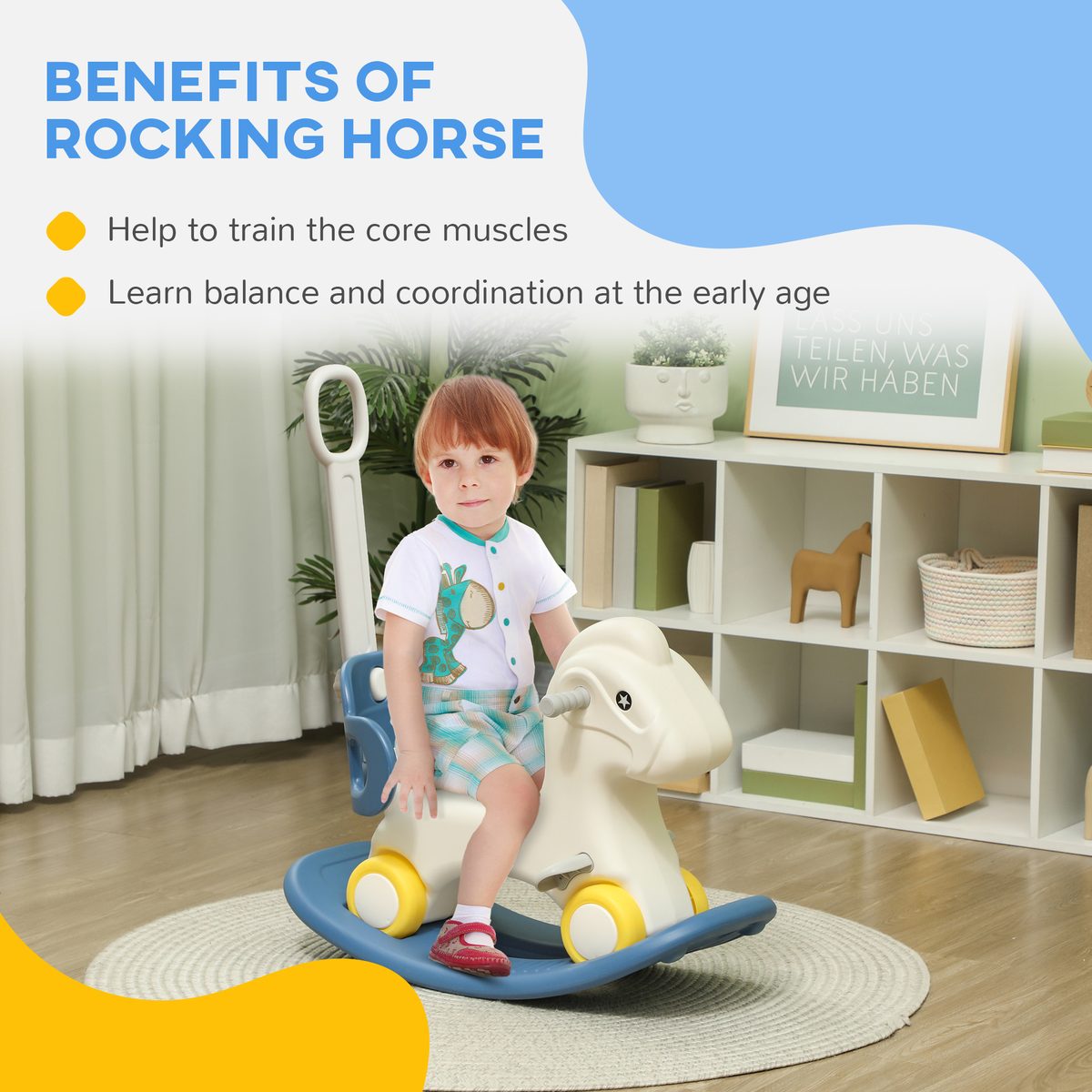 Qaba 4 in 1 Kids Rocking Horse w/ Detachable Balance Board & Push Handel, Blue
