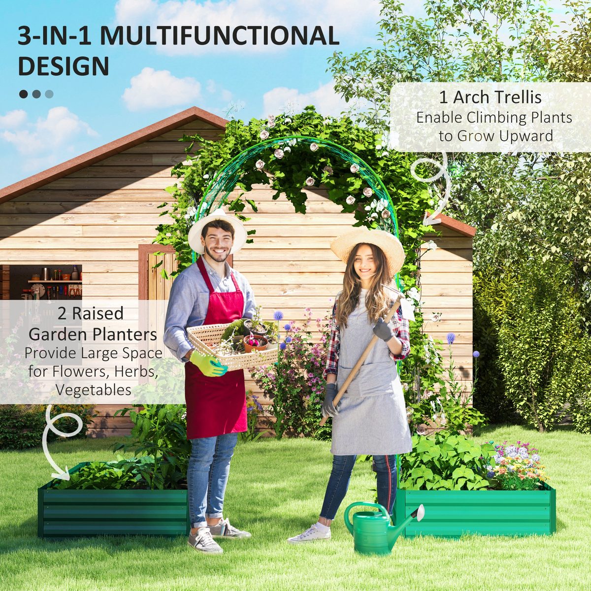 Metal Raised Garden Bed with Trellis for Climbing Plants, Galvanized Garden Bed Kit Outdoor Garden Box with Trellis