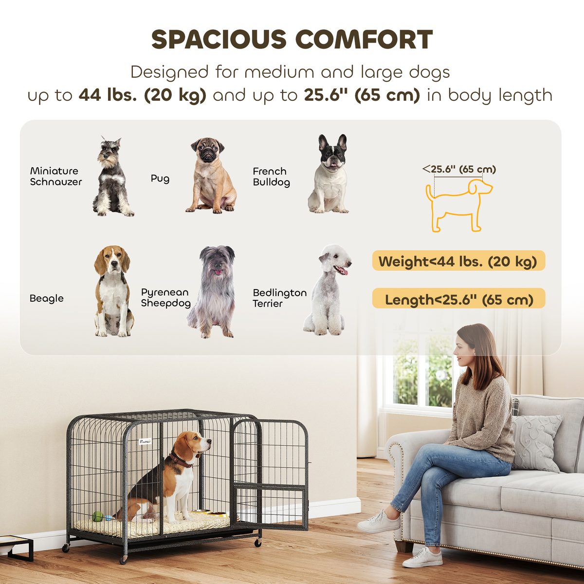  37 Inch Heavy Duty Dog Crate, Large Metal Dog Cage with Lockable Wheels and Removable Tray