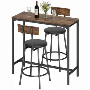  Bar Table Set Counter Height Barstools Set of 2 PU Cushioned Seats Rustic Brown