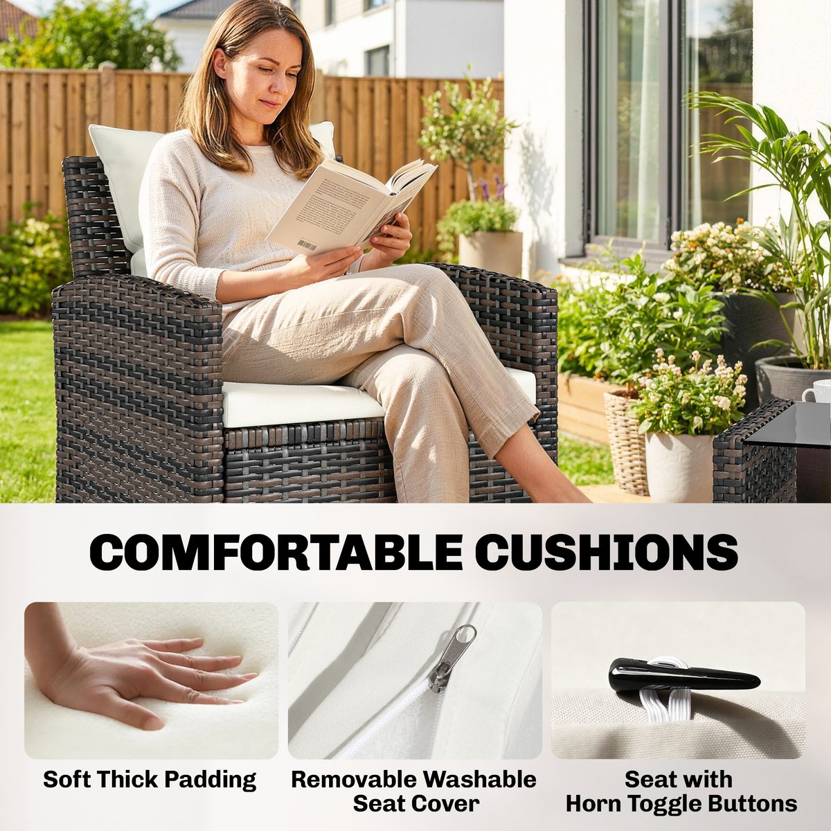  4-Piece Outdoor Wicker Patio Furniture Conversation Set, Includes Loveseat, Chairs and 2-Tier Table with Cushions, Modern Rattan Sofa Set for Backyard, Beige
