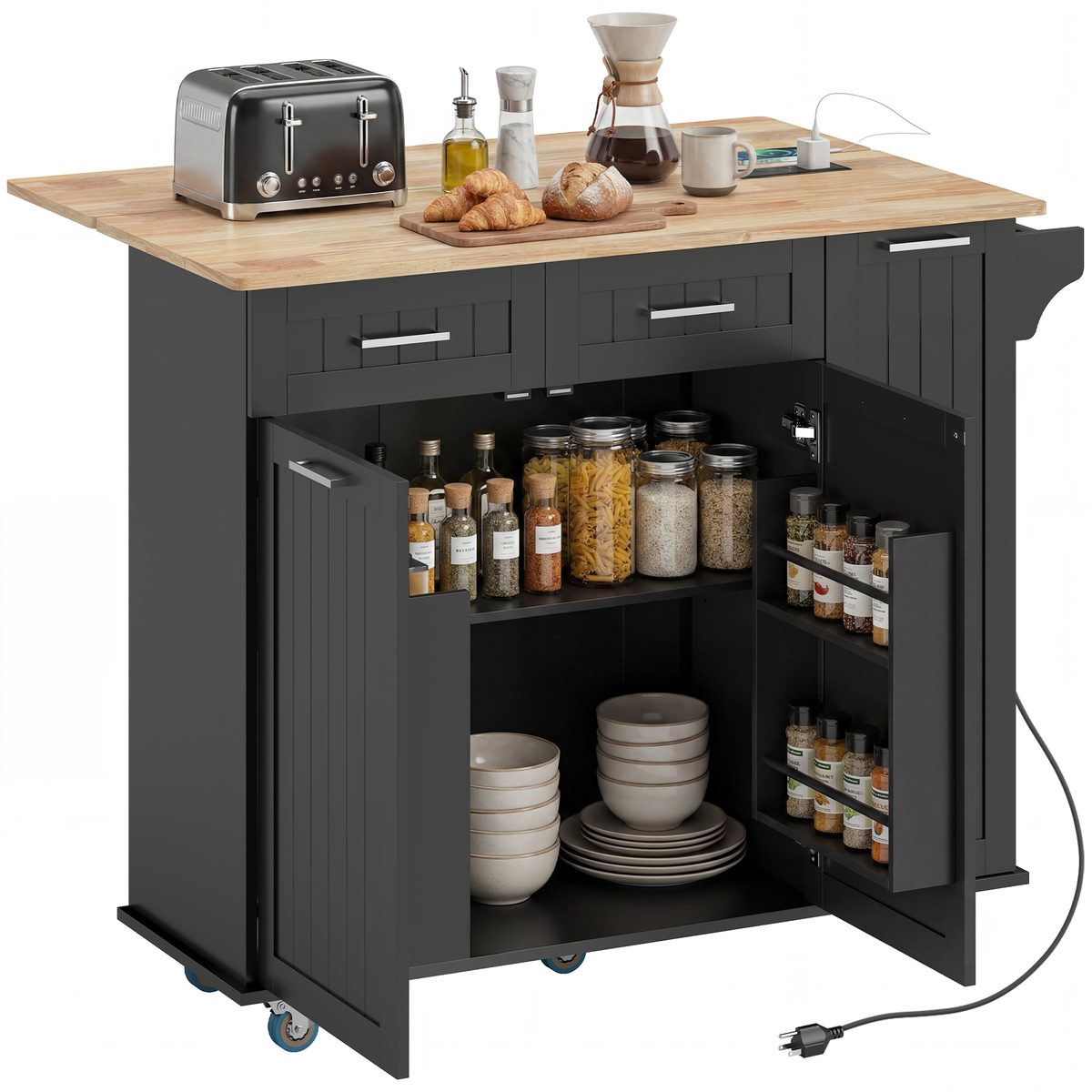  Kitchen Island on Wheels with Wood Drop Leaf, Charging Station, Rolling Kitchen Cart with Adjustable Shelf, Black