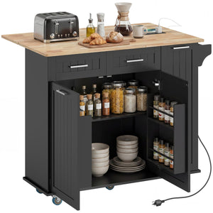  Kitchen Island on Wheels with Wood Drop Leaf, Charging Station, Rolling Kitchen Cart with Adjustable Shelf, Black