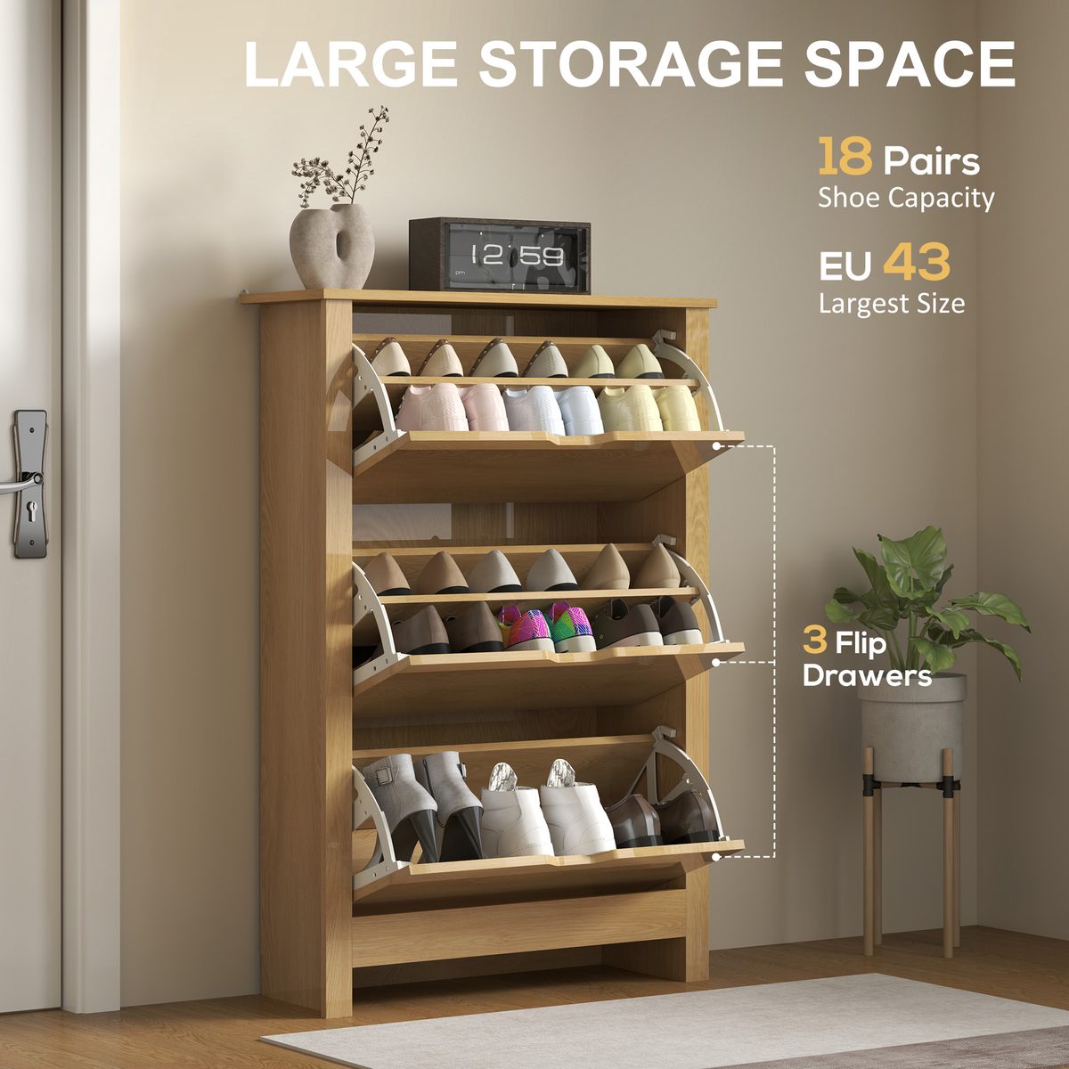Shoe Storage Cabinet with 3 Flip Drawers and Adjustable Shelves for 12-18 Pairs of Shoes, Natural Wood – view 4