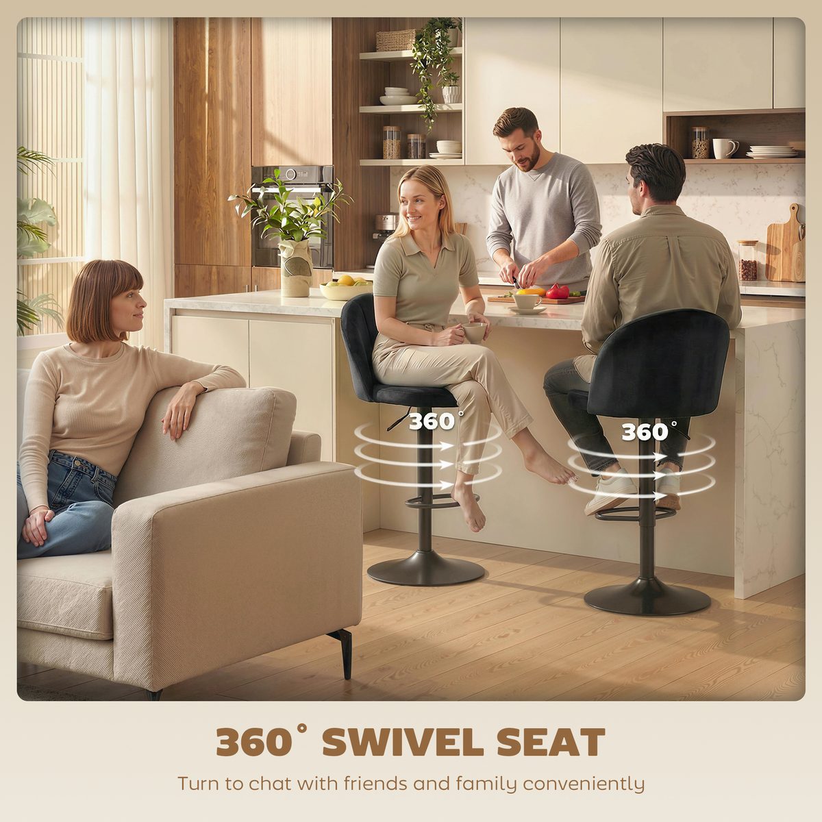  Bar Stools Set of 2, Swivel Counter Height Barstools with Footrest, Black
