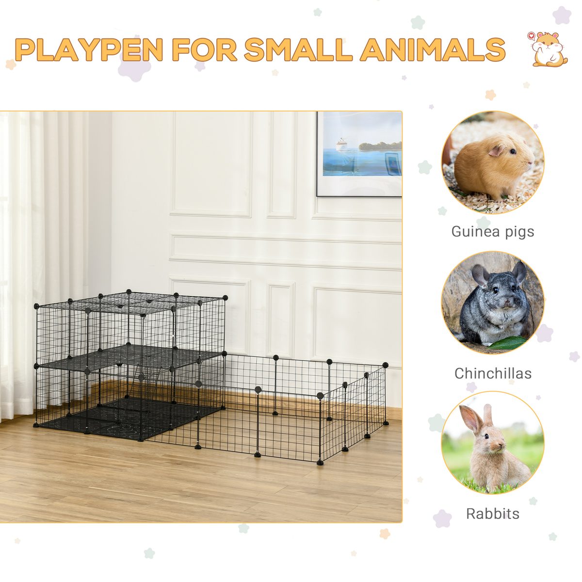  46 Panels Pet Playpen, DIY Small Animal Playpen, Indoor Portable Pet Fence for Guinea Pigs, Bunny, Rabbits, Hamsters, Hedgehogs