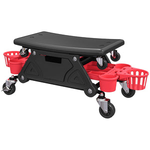  Rolling Garage Stool with Wheels, 300 LBS Capacity Padded Mechanic Stool with Tool Trays Storage, Black