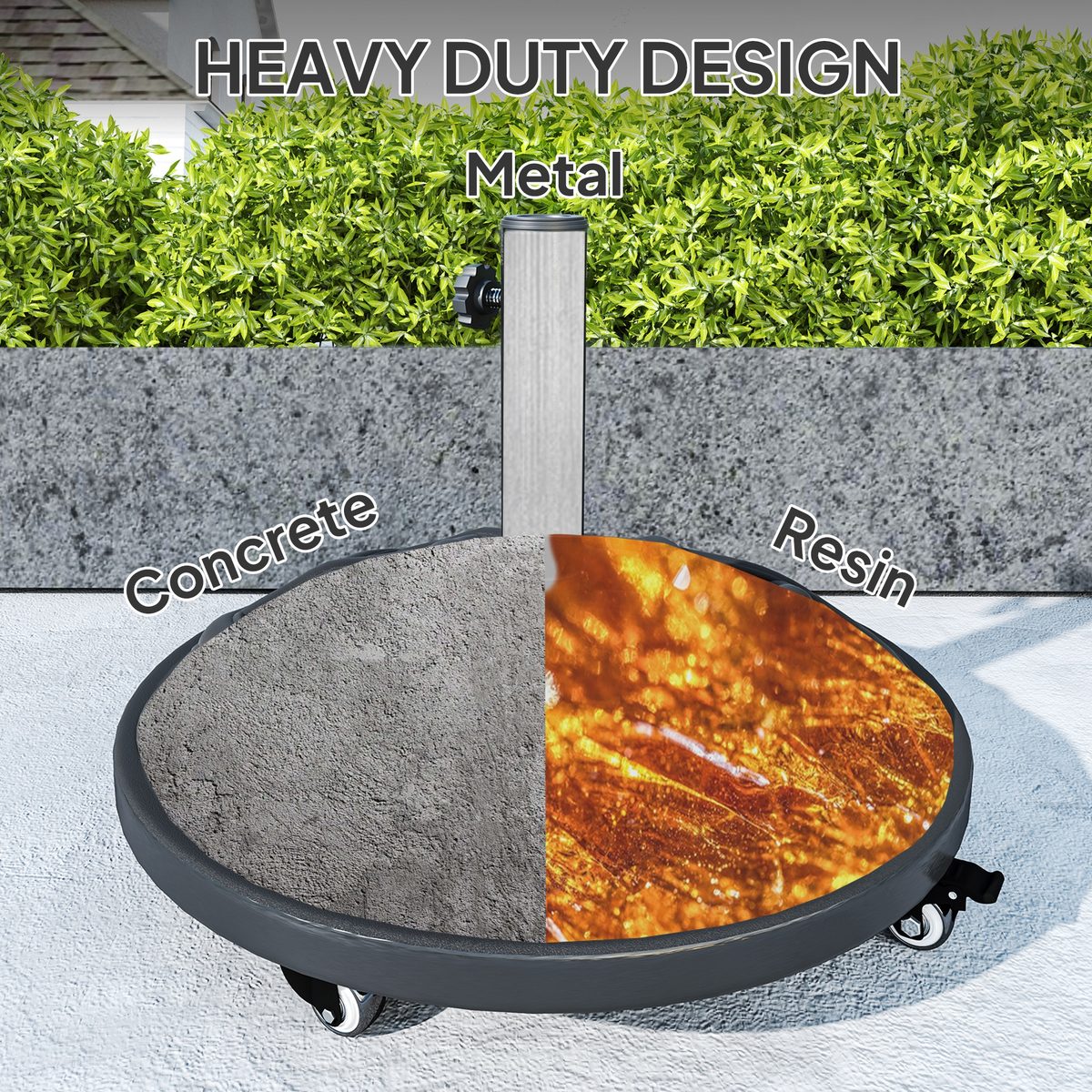  Round Patio Umbrella Base with Wheels, 44 lbs Resin Umbrella Stand Base, 1.3"/1.5"/1.9" Umbrella Poles Black